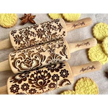 FLOWERS 3 Kid Rolling Pin Set with Damask, Folk and Floral Wreath Patterns. Wooden Laser Cut Mini Rolling Pins for Cookies, Play Dough, Salt Dough or Clay by Algis Crafts