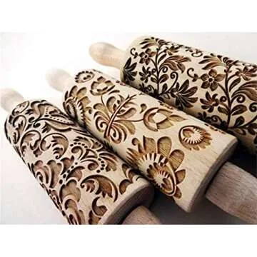 FLOWERS 3 Kid Rolling Pin Set with Damask, Folk and Floral Wreath Patterns. Wooden Laser Cut Mini Rolling Pins for Cookies, Play Dough, Salt Dough or Clay by Algis Crafts