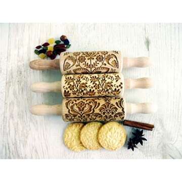 FLOWERS 3 Kid Rolling Pin Set with Damask, Folk and Floral Wreath Patterns. Wooden Laser Cut Mini Rolling Pins for Cookies, Play Dough, Salt Dough or Clay by Algis Crafts