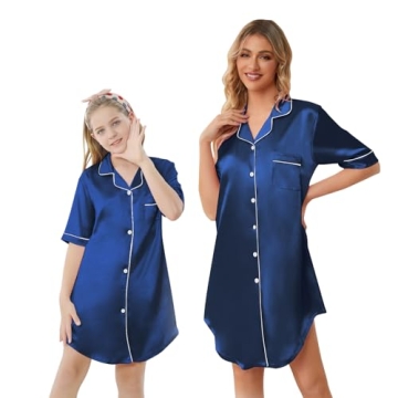 Schbbbta Girls Satin Nightgown Button Down Short Sleeve Silky Pajamas Sleepwear Nightshirt Dress,Nav...