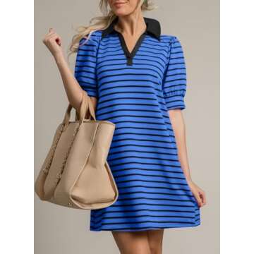 BLENCOT Women's Casual Puff Short Sleeve Polo V Neck Striped Dress Summer Loose Fit T Shirt Short Dr...