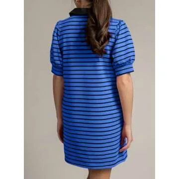 BLENCOT Women's Casual Puff Short Sleeve Polo V Neck Striped Dress Summer Loose Fit T Shirt Short Dresses with Pockets Blue S