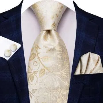Hi-Tie Silk Paisley Ties for Men Necktie Pocket Square Cufflinks Set Foral Tie Sets Formal Business,Beige
