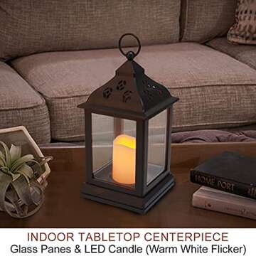 Bright Zeal 2-Pack 9.5" Vintage Decorative Candle Lantern with LED Flickering Flameless Candle (Black, 8hr Timer) - Indoor Hanging Lanterns Decorative Lanterns Battery Powered LED Candle Timer Candle