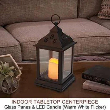 Bright Zeal 2-Pack 9.5" Vintage Decorative Candle Lantern with LED Flickering Flameless Candle (Black, 8hr Timer) - Indoor Hanging Lanterns Decorative Lanterns Battery Powered LED Candle Timer Candle