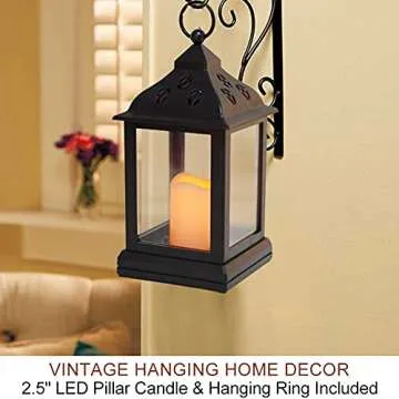 Bright Zeal 2-Pack 9.5" Vintage Decorative Candle Lantern with LED Flickering Flameless Candle (Black, 8hr Timer) - Indoor Hanging Lanterns Decorative Lanterns Battery Powered LED Candle Timer Candle