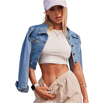 Grabsa Blue Jean Jackets for Women Casual Button Down Long Sleeve Denim Jacket Crop Top Jacket