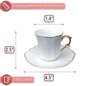 BTaT- Espresso Cups and Saucers, 2.4 oz, Set of 6, Gold Trim, Demitasse Espresso Cups, Porcelain Espresso Cups with Saucer, Espresso Cup and Saucer Set, Demitasse Cups