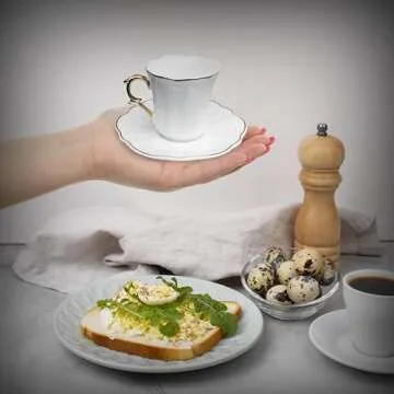 BTaT- Espresso Cups and Saucers, 2.4 oz, Set of 6, Gold Trim, Demitasse Espresso Cups, Porcelain Espresso Cups with Saucer, Espresso Cup and Saucer Set, Demitasse Cups