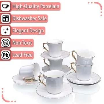 BTaT- Espresso Cups and Saucers, 2.4 oz, Set of 6, Gold Trim, Demitasse Espresso Cups, Porcelain Espresso Cups with Saucer, Espresso Cup and Saucer Set, Demitasse Cups