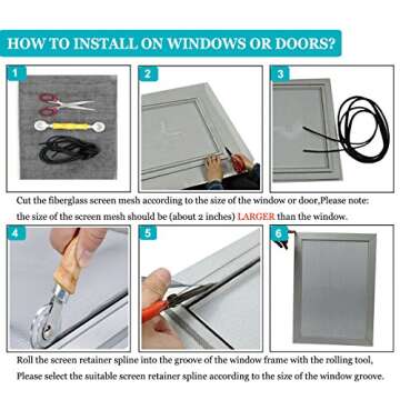 Senneny 48" x 117" Adjustable Window Screens, DIY Custom Fiberglass Screen Mesh, Window Screen Replacement for Windows Doors and Patio Screens, Premium Pet Screen (48" x 117", Black)