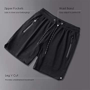 Gerlobal Men's 5" Gym Workout Shorts Fitted Running Athletic Bodybuilding Shorts for Men with Zipper Pockets Black,Medium