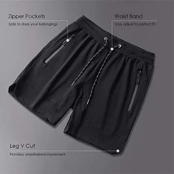 Gerlobal Men's 5" Gym Workout Shorts Fitted Running Athletic Bodybuilding Shorts for Men with Zipper Pockets Black,Medium
