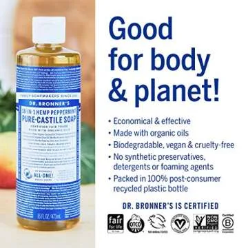 Dr. Bronner's - Pure-Castile Liquid Soap (Peppermint, 16 ounce, 2-Pack) - Made with Organic Oils, 18-in-1 Uses: Face, Body, Hair, Laundry, Pets and Dishes, Concentrated, Vegan, Non-GMO