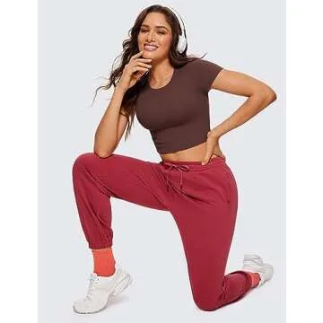 CRZ YOGA Womens Butterluxe Double Lined Short Sleeve Crop Tops Crew Neck Casual Workout T-Shirt Cute Basic Tee Taupe Large