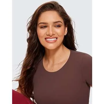 CRZ YOGA Womens Butterluxe Double Lined Short Sleeve Crop Tops Crew Neck Casual Workout T-Shirt Cute Basic Tee Taupe Large