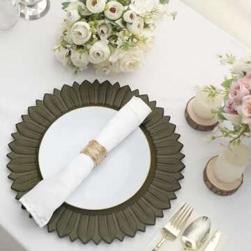 Tableclothsfactory 6 Pack | 13" Matte Olive Green Sunflower Plastic Dinner Charger Plates, Disposable Round Serving Trays