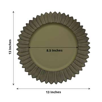 Tableclothsfactory 6 Pack | 13" Matte Olive Green Sunflower Plastic Dinner Charger Plates, Disposable Round Serving Trays