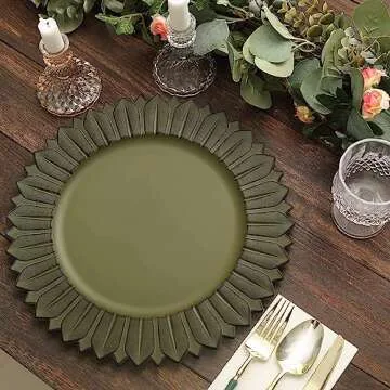 Tableclothsfactory 6 Pack | 13" Matte Olive Green Sunflower Plastic Dinner Charger Plates, Disposable Round Serving Trays