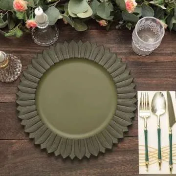 Tableclothsfactory 6 Pack | 13" Matte Olive Green Sunflower Plastic Dinner Charger Plates, Disposable Round Serving Trays