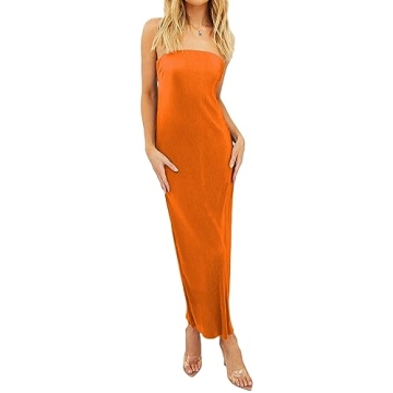 Biayxms Women Casual Tube Tops Dress Fashion Solid Color Off Shoulder Hollow Out Skinny Slit Long Dr...