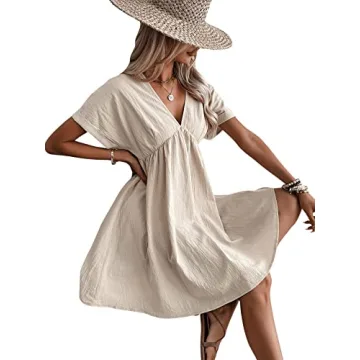 Verdusa Women's V-Neck Batwing Sleeve Flowing Dress Apricot