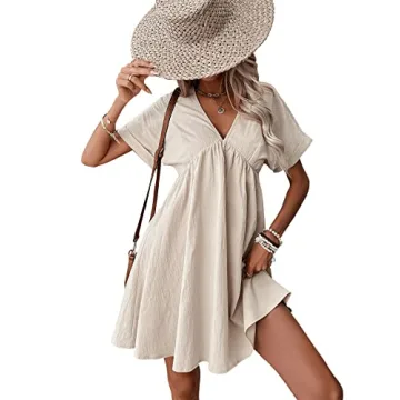 Verdusa Women's V-Neck Batwing Sleeve Flowing Dress Apricot