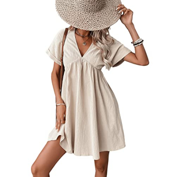 Verdusa Women's V-Neck Batwing Sleeve Flowing Dress Apricot