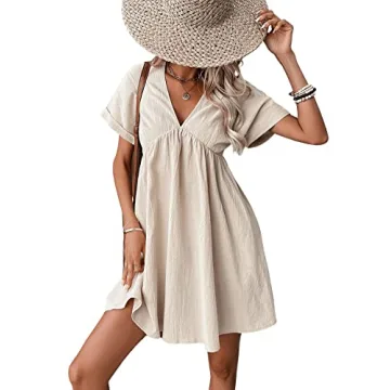 Verdusa Women's V-Neck Batwing Sleeve Flowing Dress Apricot