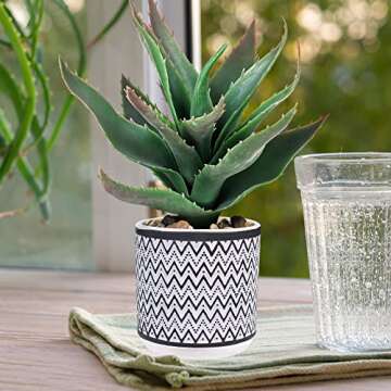 Winlyn Set of 3 Assorted Small Potted Plants Faux Eucalyptus Boxwood Plants Aloe Succulent Plant in Black and White Geometric Pots for Table Centerpiece Windowsill Shelf Indoor Outdoor Greenery Decor