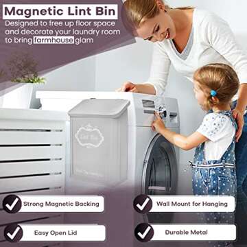 Magnetic Lint Bin for Laundry Room with Lid | Modern Farmhouse Metal Dryer Sheet Holder | Wall Mount...