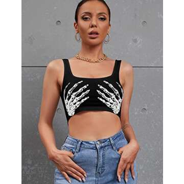 Women's Sexy Skeleton Skull Hand Print Sleeveless Funny Halloween Crop Tank Top Shirts,X-Small,Black Hand