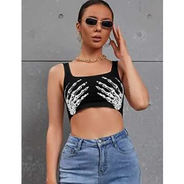 Women's Sexy Skeleton Skull Hand Print Sleeveless Funny Halloween Crop Tank Top Shirts,X-Small,Black Hand