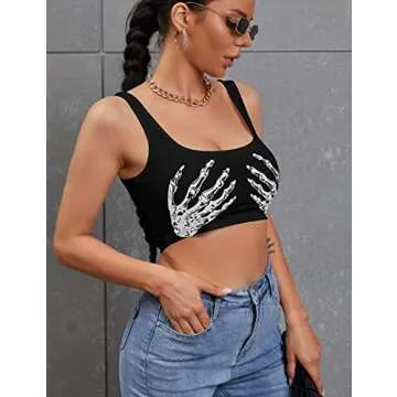 Women's Sexy Skeleton Skull Hand Print Sleeveless Funny Halloween Crop Tank Top Shirts,X-Small,Black Hand