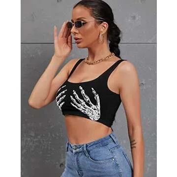 Women's Sexy Skeleton Skull Hand Print Sleeveless Funny Halloween Crop Tank Top Shirts,X-Small,Black Hand