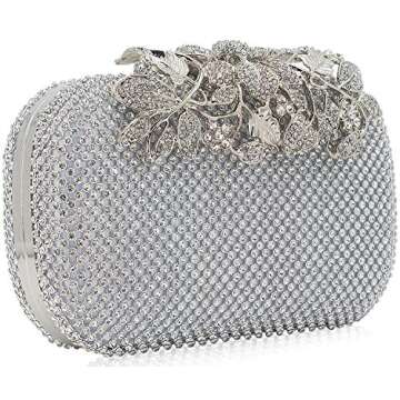 Dexmay Luxury Flower Women Clutch Purse Rhinestone Crystal Evening Bag for Wedding Party Silver