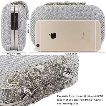 Dexmay Luxury Flower Women Clutch Purse Rhinestone Crystal Evening Bag for Wedding Party Silver
