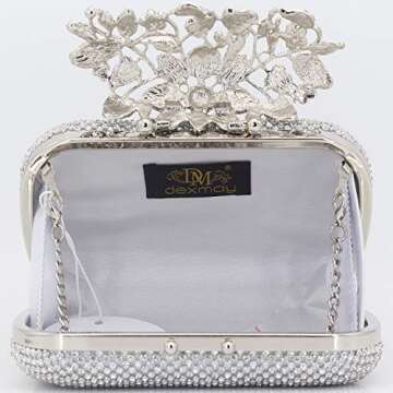 Dexmay Luxury Flower Women Clutch Purse Rhinestone Crystal Evening Bag for Wedding Party Silver