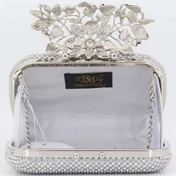 Dexmay Luxury Flower Women Clutch Purse Rhinestone Crystal Evening Bag for Wedding Party Silver