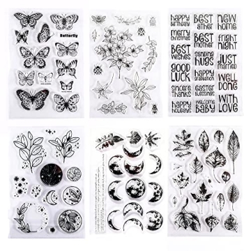 Muulaii 6 Sheets Clear Stamp Silicone Stamp Cards with Greeting Words, Flowers, Leaves, Butterflies,...
