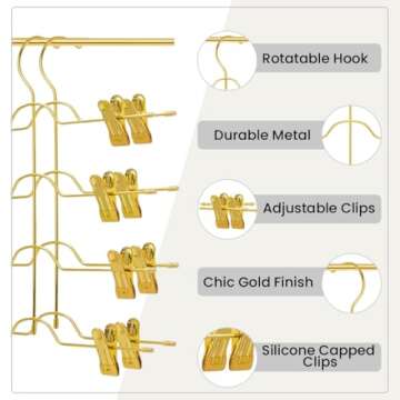 3 Pack Gold Skirt Hanger with Silicone Capped Clips, Adjustable Skirt Hangers for Women with Rotatable Hook, Anti-Slip Rubber Clips, Shorts Hangers & Pants Organizer for Closet, Leggings Hanger