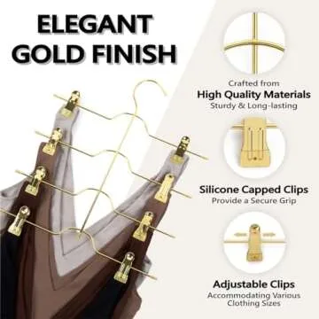 3 Pack Gold Skirt Hanger with Silicone Capped Clips, Adjustable Skirt Hangers for Women with Rotatable Hook, Anti-Slip Rubber Clips, Shorts Hangers & Pants Organizer for Closet, Leggings Hanger