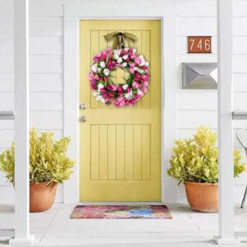 U'Artlines 20 Inch Tulip Wreath for Front Door, Spring Summer Silk Wreath with Green Leaves Artifici...