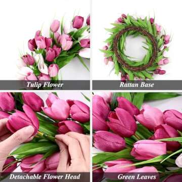 U'Artlines 20 Inch Tulip Wreath for Front Door, Spring Summer Silk Wreath with Green Leaves Artificial Tulip Flower Wreaths for All Seasons Window Wall Wedding Valentines Day Decor