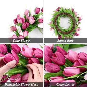 U'Artlines 20 Inch Tulip Wreath for Front Door, Spring Summer Silk Wreath with Green Leaves Artificial Tulip Flower Wreaths for All Seasons Window Wall Wedding Valentines Day Decor