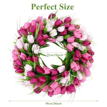 U'Artlines 20 Inch Tulip Wreath for Front Door, Spring Summer Silk Wreath with Green Leaves Artificial Tulip Flower Wreaths for All Seasons Window Wall Wedding Valentines Day Decor
