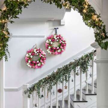 U'Artlines 20 Inch Tulip Wreath for Front Door, Spring Summer Silk Wreath with Green Leaves Artificial Tulip Flower Wreaths for All Seasons Window Wall Wedding Valentines Day Decor