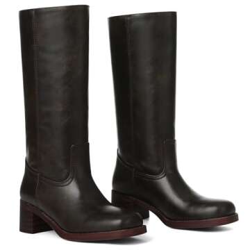 VOMIRA Women's Knee High Boots Wide Calf Boots Brown Boots Square Toe Chunky Block Heel Long Boots Pull On Riding Boots Knight Boots Casual Comfortable Low Heel Womens Boots