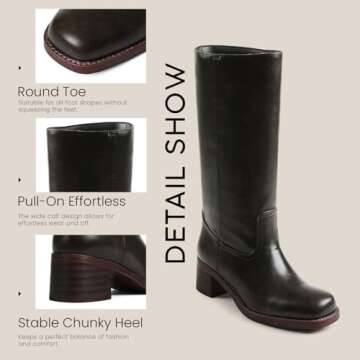 VOMIRA Women's Knee High Boots Wide Calf Boots Brown Boots Square Toe Chunky Block Heel Long Boots Pull On Riding Boots Knight Boots Casual Comfortable Low Heel Womens Boots
