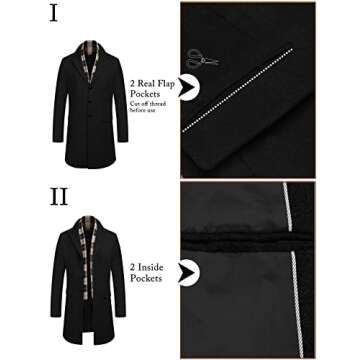 COOFANDY Men's Classic Long Trench Coat Wool Blend Winter Slim Fit Breasted Overcoat Warm Dress Coat with Plaid Scarf (Grey S)